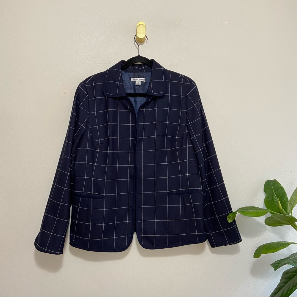 Pendleton Virgin Wool Navy Blue Square Windowpane Grid Plaid Blazer Jacket